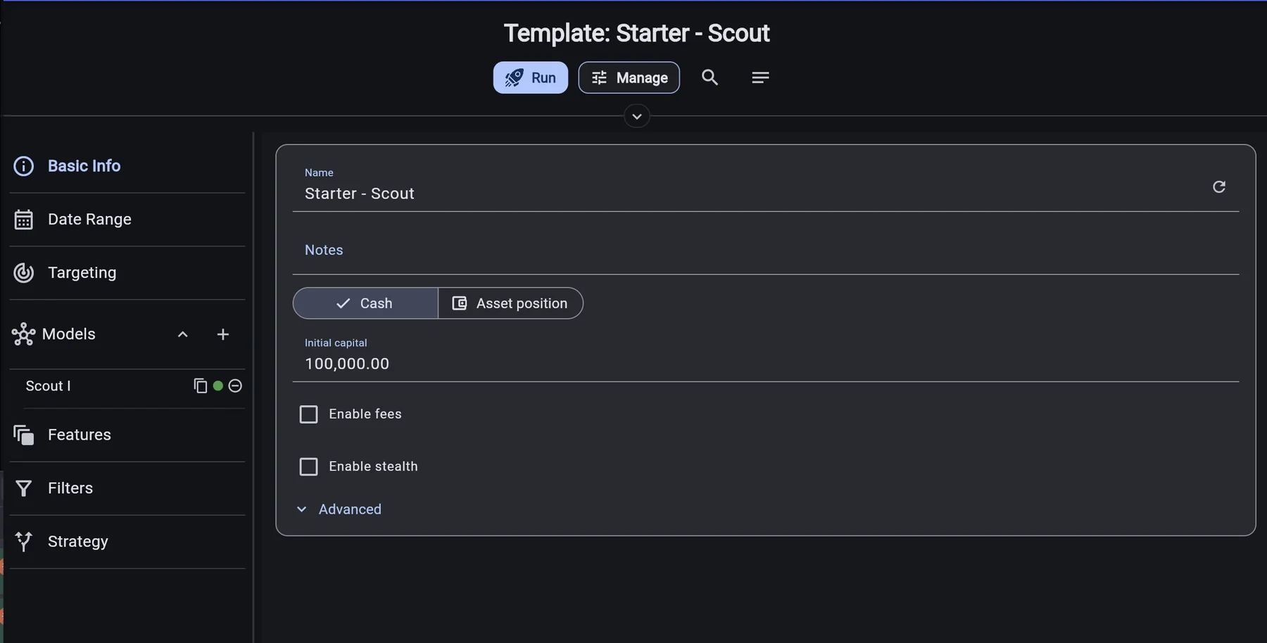PowerCore Studio — Basic Info tab of the Starter · Scout template showing the model, initial capital, and fee settings
