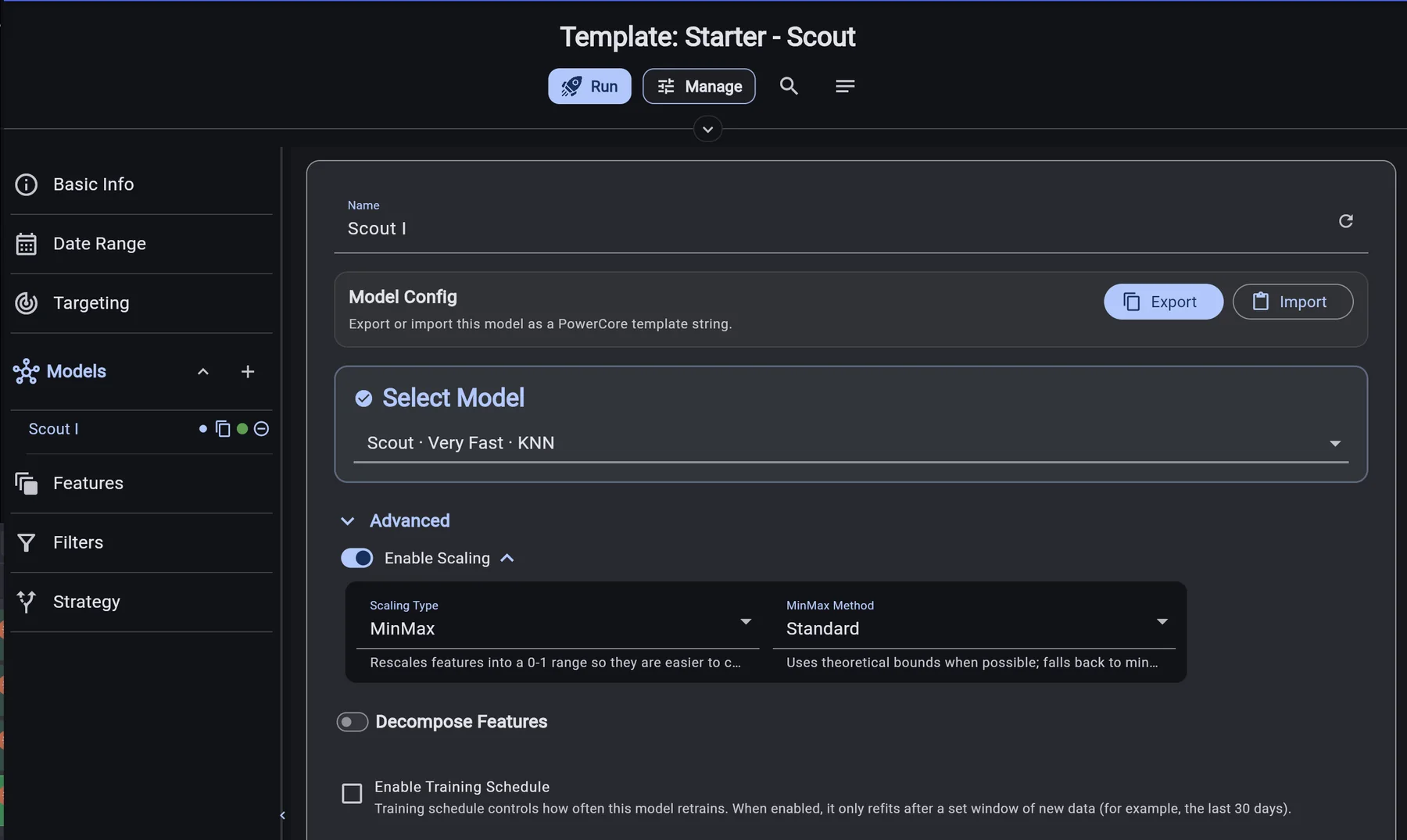 PowerCore Studio — model configuration for Scout I with model selection, feature scaling, and training schedule