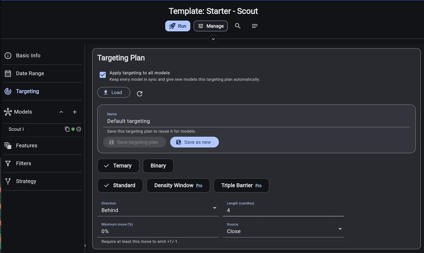PowerCore Studio — Targeting Plan with ternary and binary labeling plus direction, length, and source controls